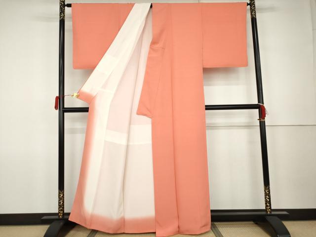 平和屋着物●上質な色無地　お召ちりめん　珊瑚朱色　正絹　逸品　AABK1771cs