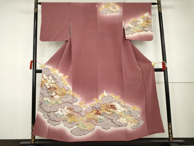 平和屋着物●訪問着　松竹梅風景文　暈し染め　金彩　鬼しぼ縮緬　正絹　逸品　AABK1773cs