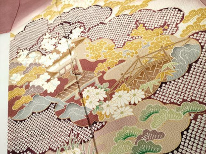 平和屋着物●訪問着　松竹梅風景文　暈し染め　金彩　鬼しぼ縮緬　正絹　逸品　AABK1773cs