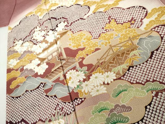 平和屋着物●訪問着　松竹梅風景文　暈し染め　金彩　鬼しぼ縮緬　正絹　逸品　AABK1773cs
