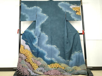 平和屋着物●訪問着　おぼろ染め　重ね絞り　立波花文　暈し染め　金通し地　正絹　逸品　AABK1777cs