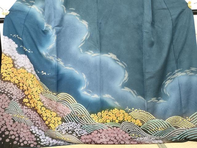 平和屋着物●訪問着　おぼろ染め　重ね絞り　立波花文　暈し染め　金通し地　正絹　逸品　AABK1777cs