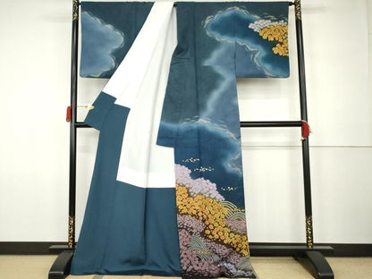 平和屋着物●訪問着　おぼろ染め　重ね絞り　立波花文　暈し染め　金通し地　正絹　逸品　AABK1777cs