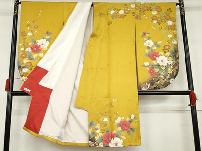 平和屋着物●小振袖　二尺袖　鴛鴦草花文　暈し染め　金彩　正絹　逸品　AABK1781cs