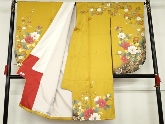 平和屋着物●小振袖　二尺袖　鴛鴦草花文　暈し染め　金彩　正絹　逸品　AABK1781cs