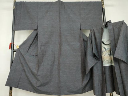 平和屋着物●男性　結城紬　アンサンブル　杢　霞文　正絹　逸品　AABK1790cs
