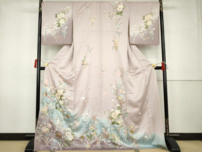 平和屋着物●訪問着　駒刺繍　枝花文　暈し染め　金銀彩　ロング丈　正絹　逸品　AABK1795cs