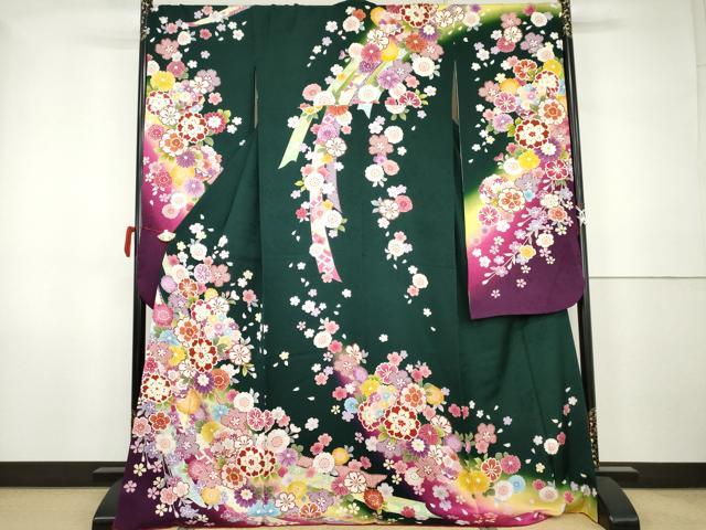 平和屋着物●豪華振袖　駒刺繍　蔓帯草花文　暈し染め　ロング丈　正絹　逸品　AABK1798cs