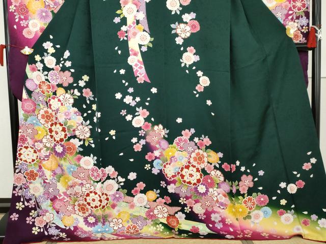 平和屋着物●豪華振袖　駒刺繍　蔓帯草花文　暈し染め　ロング丈　正絹　逸品　AABK1798cs