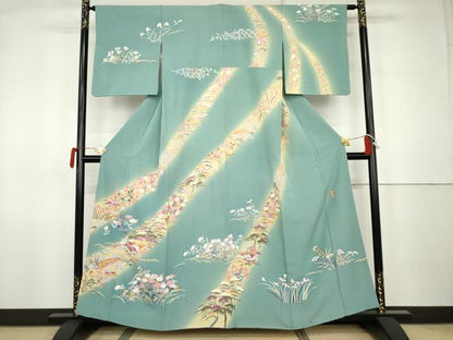 平和屋着物●本加賀友禅作家　三浦江子　訪問着　渡り橋風景草花文　暈し染め　正絹　逸品　AABK1803cs