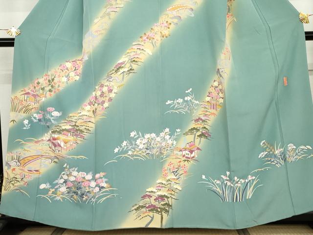 平和屋着物●本加賀友禅作家　三浦江子　訪問着　渡り橋風景草花文　暈し染め　正絹　逸品　AABK1803cs