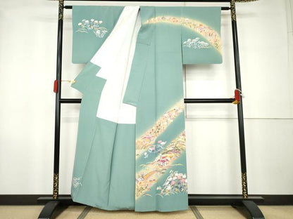 平和屋着物●本加賀友禅作家　三浦江子　訪問着　渡り橋風景草花文　暈し染め　正絹　逸品　AABK1803cs
