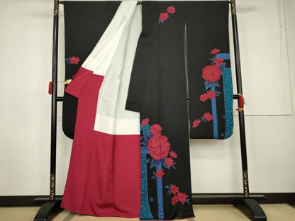 平和屋着物●豪華振袖　草花文　黒地　正絹　逸品　AABK1807cs