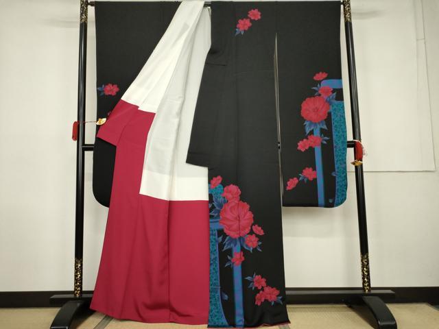 平和屋着物●豪華振袖　草花文　黒地　正絹　逸品　AABK1807cs
