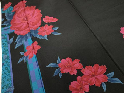 平和屋着物●豪華振袖　草花文　黒地　正絹　逸品　AABK1807cs