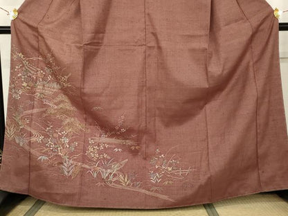 平和屋着物●訪問着　紬地　流水花松船文　正絹　逸品　未使用　AABK1808cs