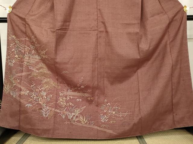 平和屋着物●訪問着　紬地　流水花松船文　正絹　逸品　未使用　AABK1808cs