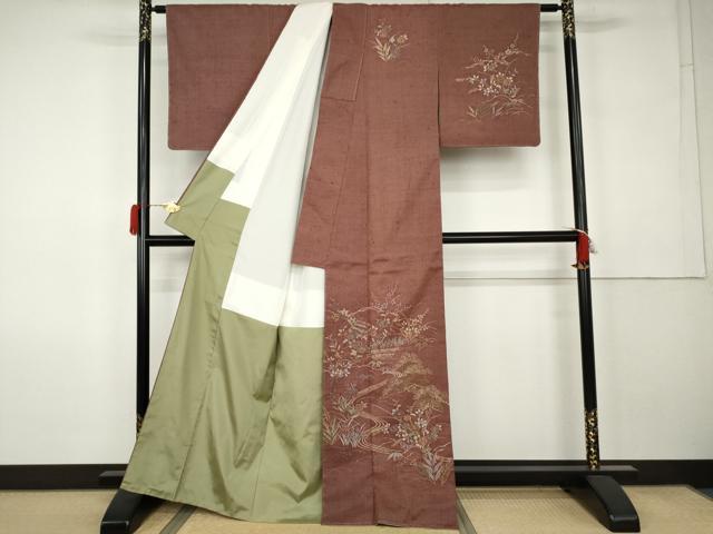 平和屋着物●訪問着　紬地　流水花松船文　正絹　逸品　未使用　AABK1808cs