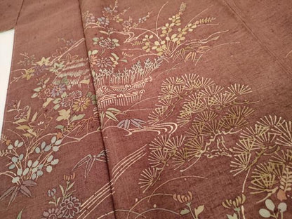 平和屋着物●訪問着　紬地　流水花松船文　正絹　逸品　未使用　AABK1808cs
