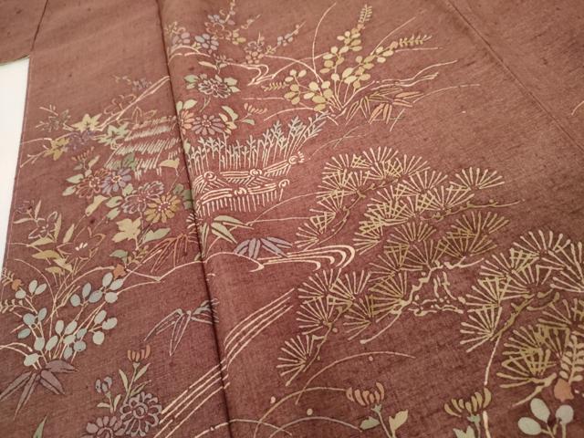 平和屋着物●訪問着　紬地　流水花松船文　正絹　逸品　未使用　AABK1808cs