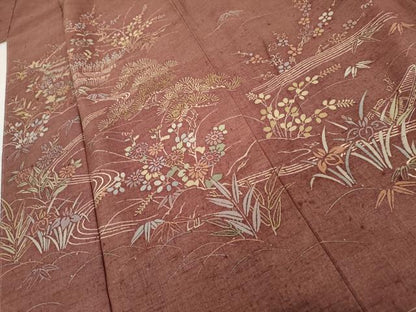 平和屋着物●訪問着　紬地　流水花松船文　正絹　逸品　未使用　AABK1808cs