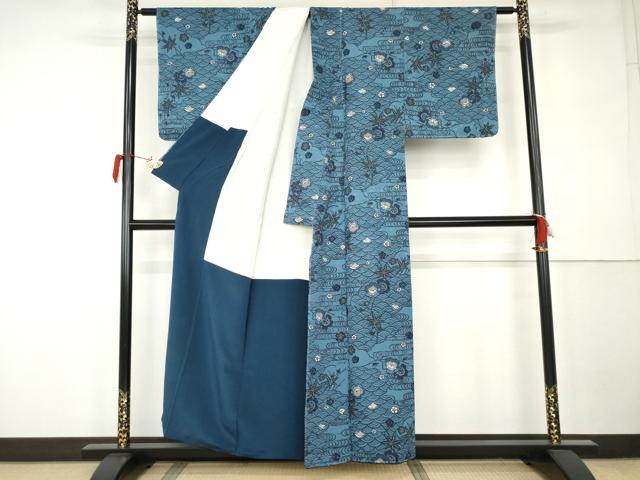 平和屋着物●上質な小紋　型染め　藍　流水花文　正絹　逸品　AABK1816cs