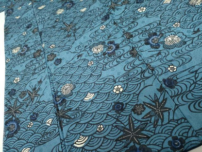 平和屋着物●上質な小紋　型染め　藍　流水花文　正絹　逸品　AABK1816cs