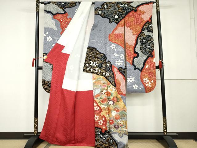 平和屋着物●豪華振袖　駒刺繍　絞り　雪輪風景花蝶文　金彩　正絹　逸品　AABK1819cs