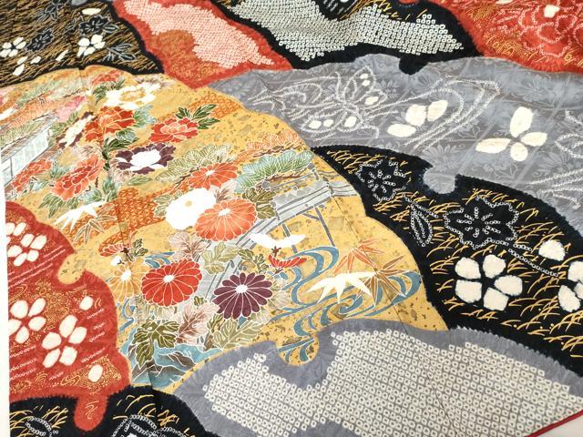 平和屋着物●豪華振袖　駒刺繍　絞り　雪輪風景花蝶文　金彩　正絹　逸品　AABK1819cs