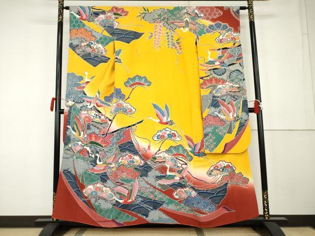 平和屋着物●豪華振袖　型染め　几帳飛鶴松文　暈し染め　三越扱い　正絹　逸品　AABK1820cs