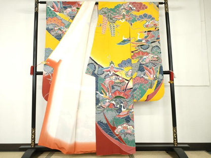 平和屋着物●豪華振袖　型染め　几帳飛鶴松文　暈し染め　三越扱い　正絹　逸品　AABK1820cs