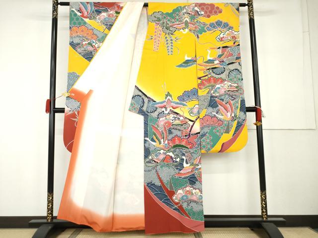 平和屋着物●豪華振袖　型染め　几帳飛鶴松文　暈し染め　三越扱い　正絹　逸品　AABK1820cs