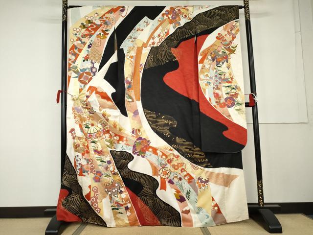 平和屋着物●豪華振袖　駒刺繍　絞り　束ね熨斗飛鶴吉祥文　金彩　高島屋扱い　正絹　逸品　AABK1821cs