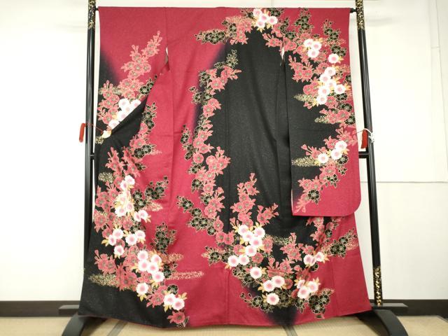 平和屋着物●豪華振袖　刺繍　桜　暈し染め　黒地　金糸　金彩　銀通し地　鈴乃屋扱い　正絹　逸品　AABK1822cs