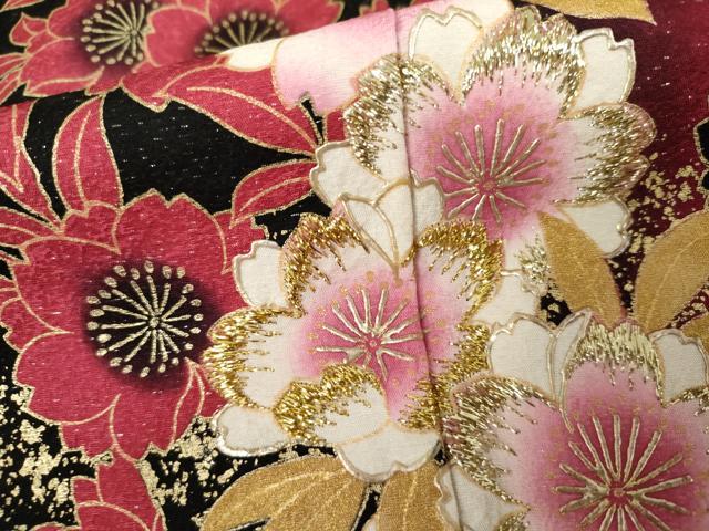平和屋着物●豪華振袖　刺繍　桜　暈し染め　黒地　金糸　金彩　銀通し地　鈴乃屋扱い　正絹　逸品　AABK1822cs