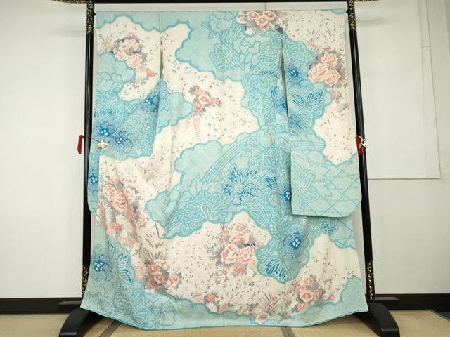 平和屋着物●豪華振袖　絞り　雲取り草花文　正絹　逸品　AABK1824cs