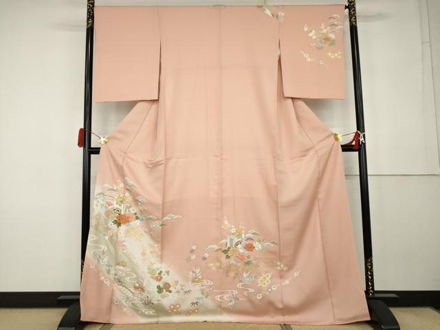 平和屋着物●訪問着　駒刺繍　御所車鴛鴦草花文　暈し染め　金糸　金彩　正絹　逸品　AABK1826cs