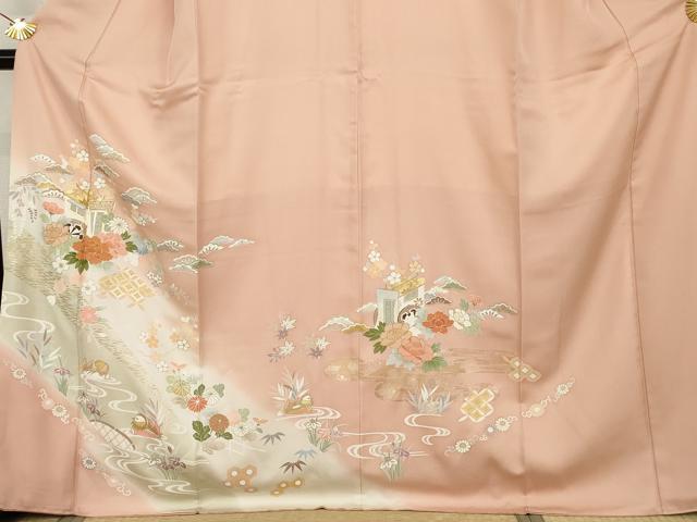 平和屋着物●訪問着　駒刺繍　御所車鴛鴦草花文　暈し染め　金糸　金彩　正絹　逸品　AABK1826cs