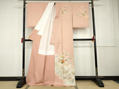 平和屋着物●訪問着　駒刺繍　御所車鴛鴦草花文　暈し染め　金糸　金彩　正絹　逸品　AABK1826cs