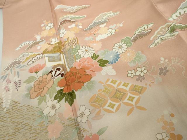 平和屋着物●訪問着　駒刺繍　御所車鴛鴦草花文　暈し染め　金糸　金彩　正絹　逸品　AABK1826cs