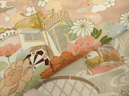 平和屋着物●訪問着　駒刺繍　御所車鴛鴦草花文　暈し染め　金糸　金彩　正絹　逸品　AABK1826cs