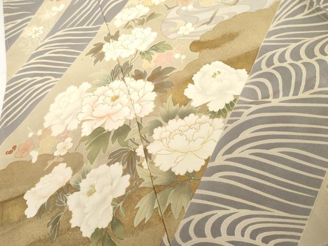 平和屋着物●訪問着　作家物　駒刺繍　立波草花文　金彩　仮絵羽　正絹　逸品　未使用　AABK1827cs