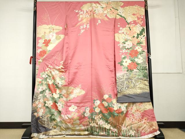 平和屋着物●豪華振袖　流水枝花文　暈し染め　金彩　仮絵羽　逸品　未使用　AABK1828cs