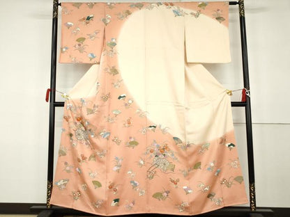平和屋着物●訪問着　駒刺繍　扇面花車文　暈し染め　金彩　正絹　逸品　AABK1829cs