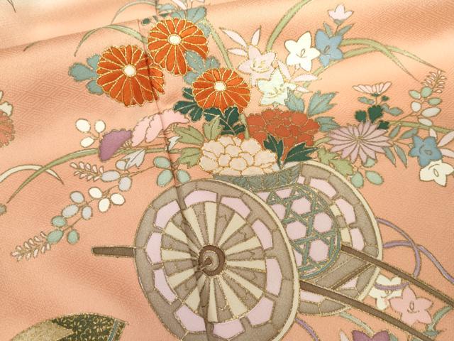 平和屋着物●訪問着　駒刺繍　扇面花車文　暈し染め　金彩　正絹　逸品　AABK1829cs