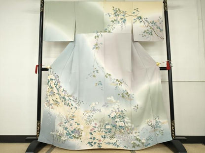 平和屋着物●訪問着　友禅　枝花文　暈し染め　金彩　正絹　逸品　未使用　AABK1834cs