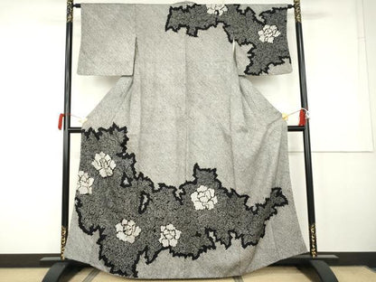 平和屋着物●訪問着　総絞り　草花文　黒地　正絹　逸品　AABK1836cs