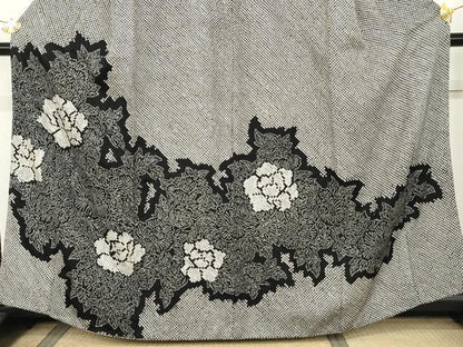 平和屋着物●訪問着　総絞り　草花文　黒地　正絹　逸品　AABK1836cs