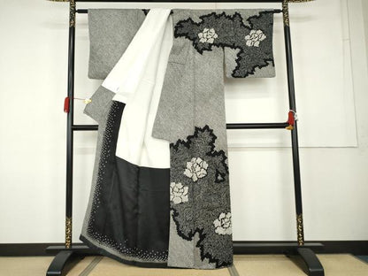 平和屋着物●訪問着　総絞り　草花文　黒地　正絹　逸品　AABK1836cs