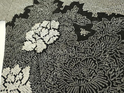 平和屋着物●訪問着　総絞り　草花文　黒地　正絹　逸品　AABK1836cs
